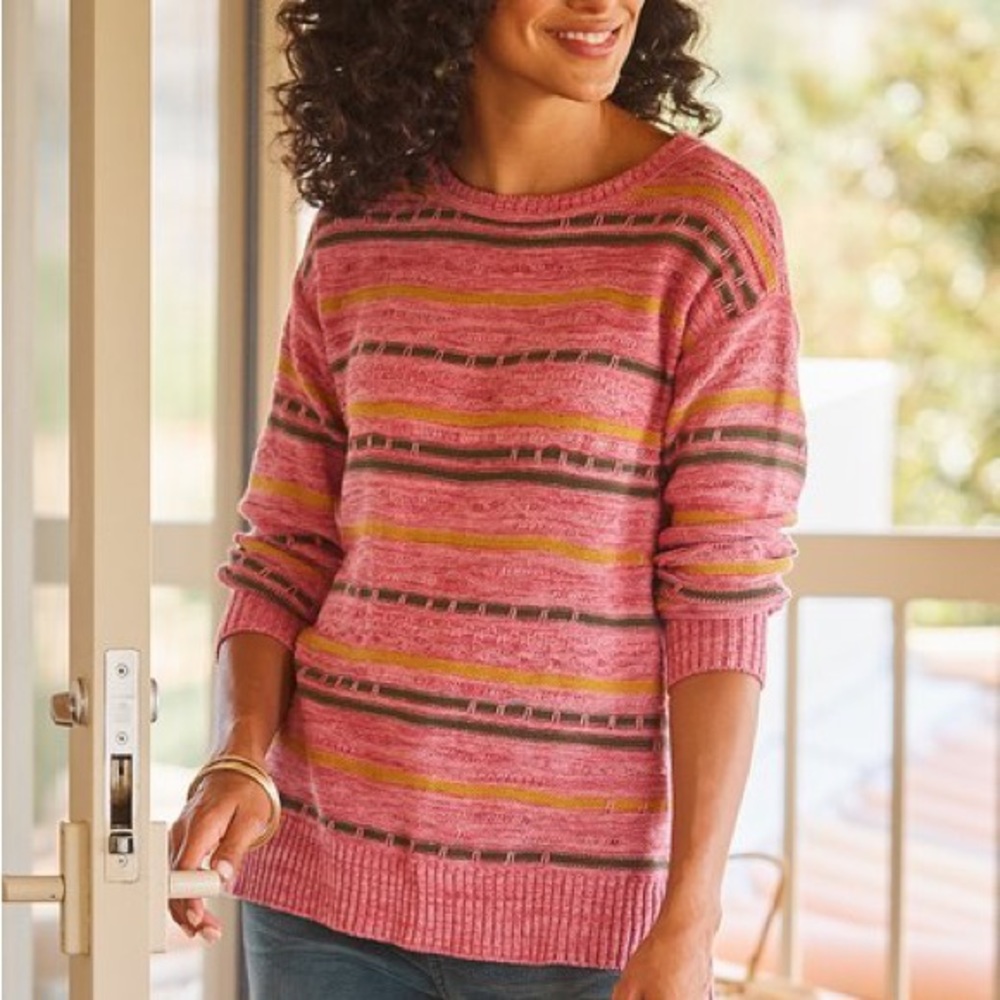 Soft Surroundings Large Pink Striped Crewneck Sweater Cotton Boho